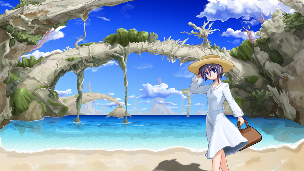 bag, blue_eyes, blue_hair, cloud, dress, fantasy, hand_on_hat, hat, mountain, original, shore, short_hair, sky, solo, straw_hat, thoma+, tree, water, white_dress