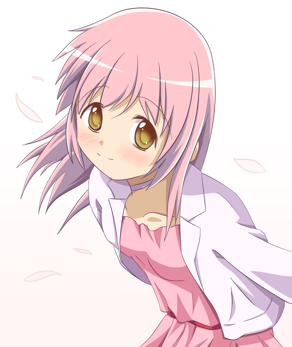 alternate_eye_color, blush, casual, cherry_blossoms, choker, dress, hair_down, jacket, kaname_madoka, long_hair, looking_at_viewer, mahou_shoujo_madoka_magica, ototsu_(nitta225), petals, pink, pink_background, pink_dress, pink_hair, smile, solo, ultimate_madoka, yellow_eyes