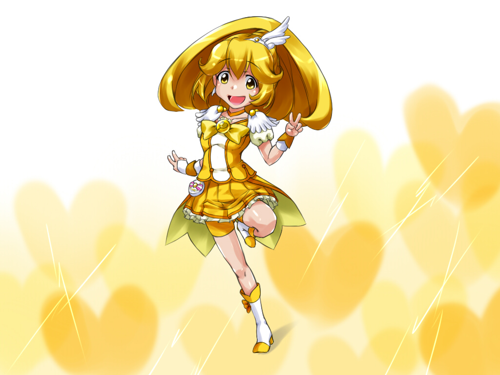 bad_id, bike_shorts, blonde_hair, blush, boots, choker, cure_peace, double_v, dress, haguhagu, hair_ornament, kise_yayoi, leg_up, long_hair, magical_girl, ponytail, precure, shorts_under_skirt, smile, smile_precure!, solo, v, wrist_cuffs, yellow_dress, yellow_eyes