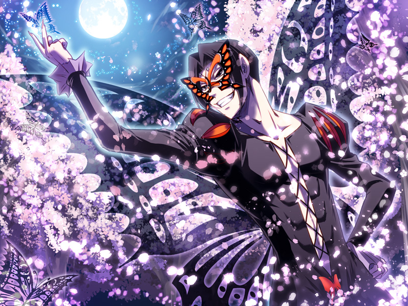 black_hair, busou_renkin, butterfly_mask, butterfly_wings, fabulous, grin, hand_on_hip, hips, male, papillon, purple_hair, smile, solo, wings, ywaka