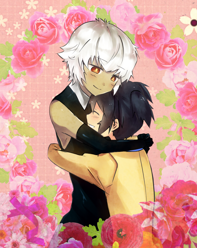 aimai_(luckyfive), bad_id, black_hair, black_rock_shooter, dark_skin, elbow_gloves, eyes, flower