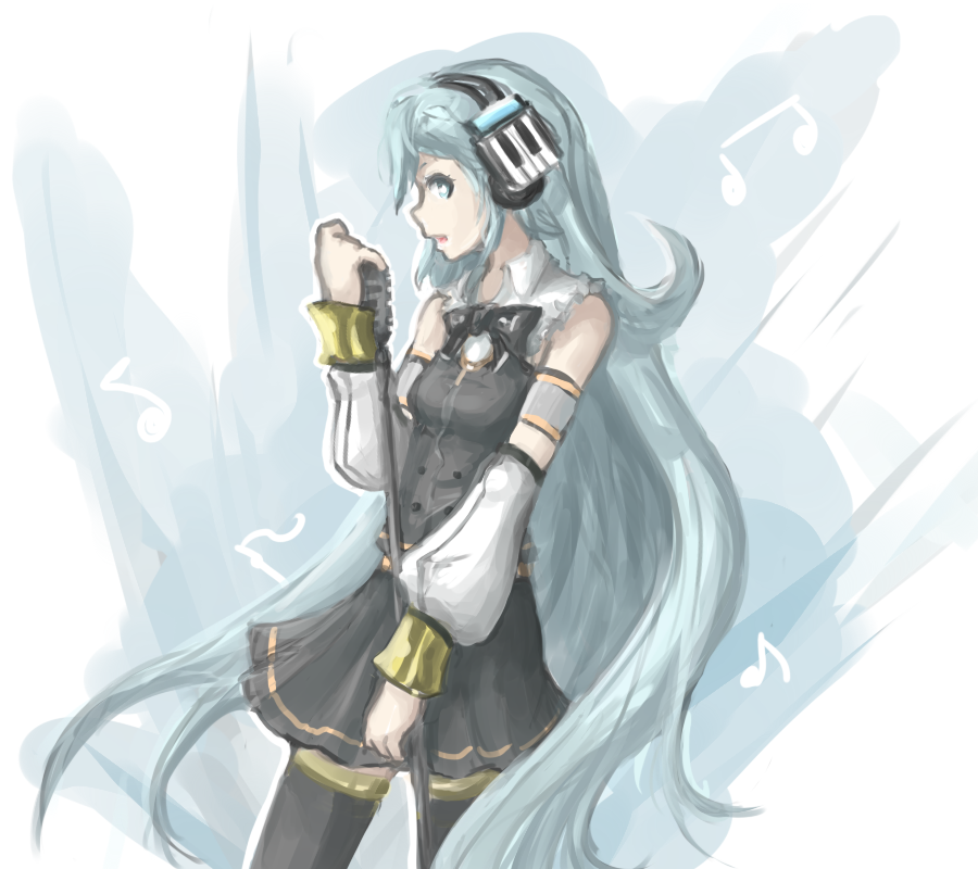 arceonn, armlet, black_legwear, blue_eyes, blue_hair, detached_collar, headphones, long_hair