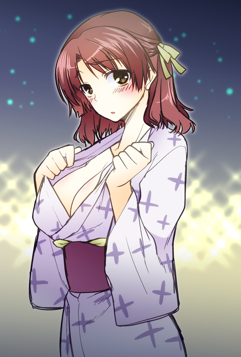 ano_natsu_de_matteru, breasts, brown_hair, cleavage, japanese_clothes, kimono, kitahara_mio, miyashiro_sousuke