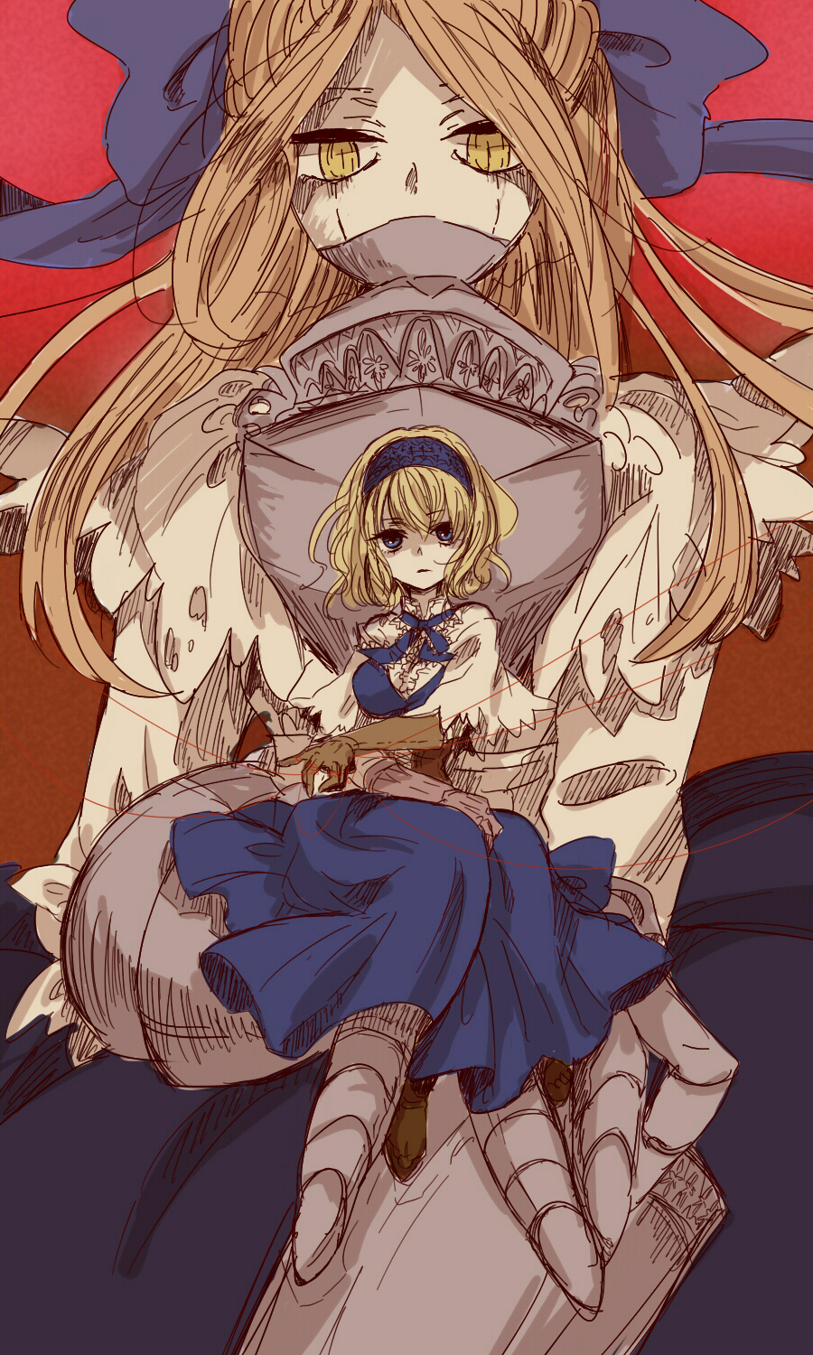 alice_margatroid, blonde_hair, blue_eyes, bow, dress, gloves, goliath_doll, hair_bow, highres, long_hair, shima_mei, shimana_(cs-ts-az), short_hair, sitting, solo, string, touhou, yellow_eyes