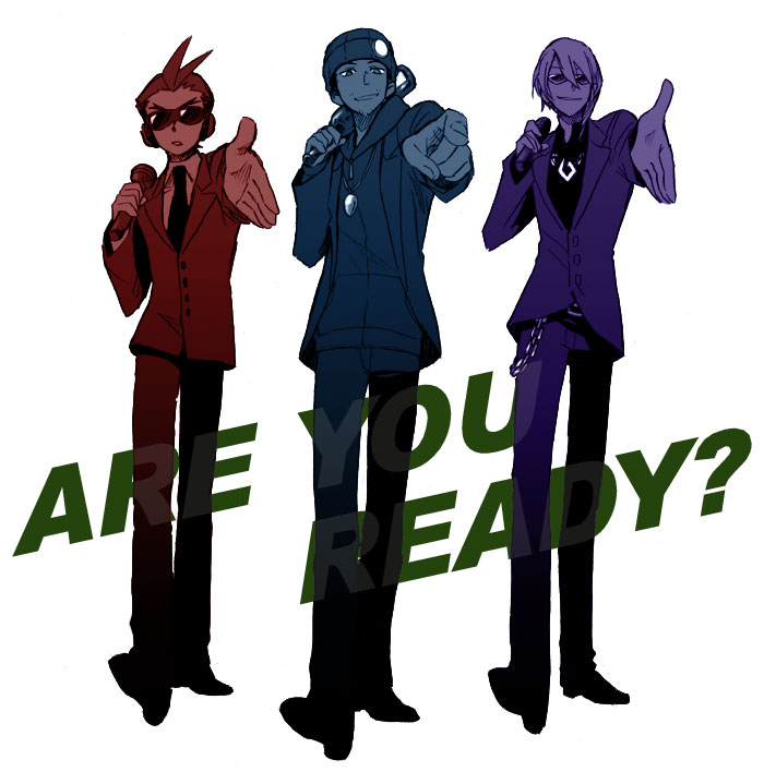 3boys, arm_up, beanie, bottle, character_request, crossover, elite_beat_agents, english