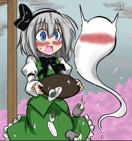 blue_eyes, blush, cherry_blossoms, colored, cup, dropping, frilled_skirt, futa4192, hair_ribbon, hairband, hitodama, holding, kage_hitsugi, konpaku_youmu, konpaku_youmu_(ghost), lowres, open_mouth, pillar, puffy_sleeves, ribbon, saucer, short_hair, silver_hair, skirt, skirt_set, solo, sweat, touhou, tray, vest