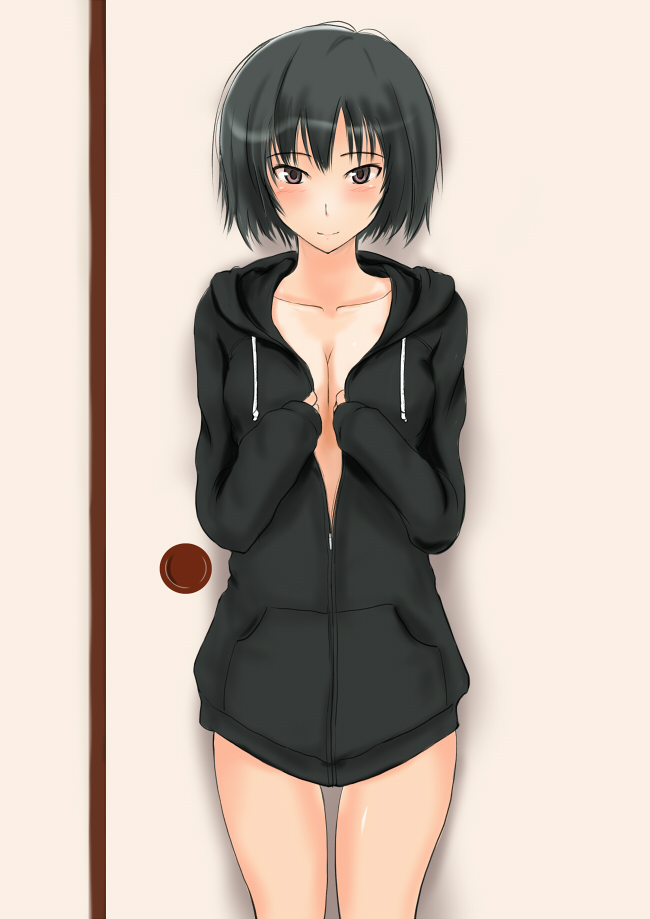 amagami, black_eyes, black_hair, blush, breasts, cleavage, collarbone, hoodie