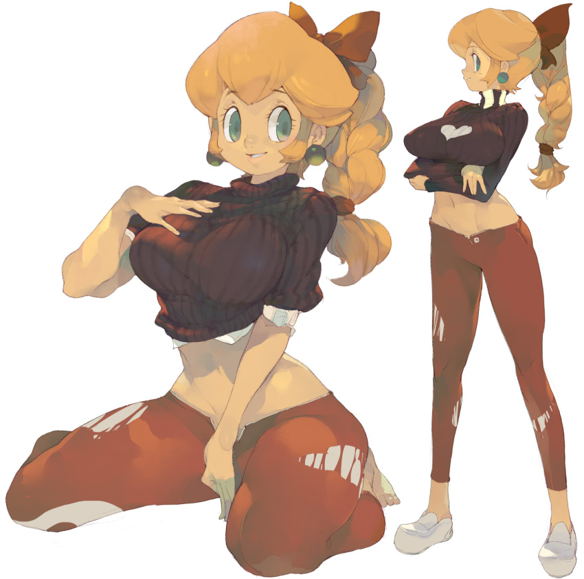 blonde_hair, bow, braid, breasts, casual, contemporary, crossed_arms, earrings, green_eyes, hair_bow, hand_on_own_chest, highres, jewelry, koki_(pixiv), large_breasts, midriff, navel, pants, princess_peach, ribbed_sweater, shoes, single_braid, sitting, smile, solo, super_mario_bros., sweater, turtleneck