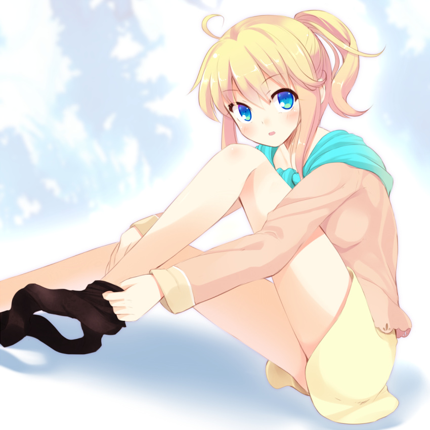 ahoge, bad_id, black_legwear, blonde_hair, blue_eyes, blush, dressing, esia_mariveninne