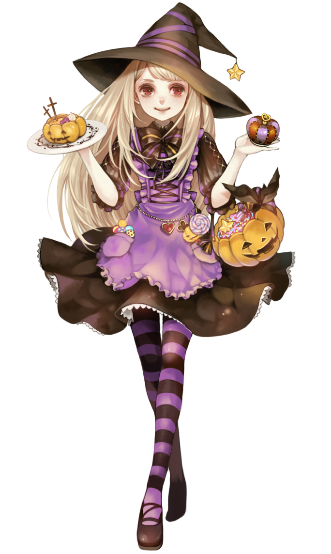 alice_(wonderland), alice_in_wonderland, blonde_hair, candy, hat, long_hair, ns_(haraheta), pantyhose, pumpkin, red_eyes, smile, solo, star, striped, striped_legwear, witch_hat