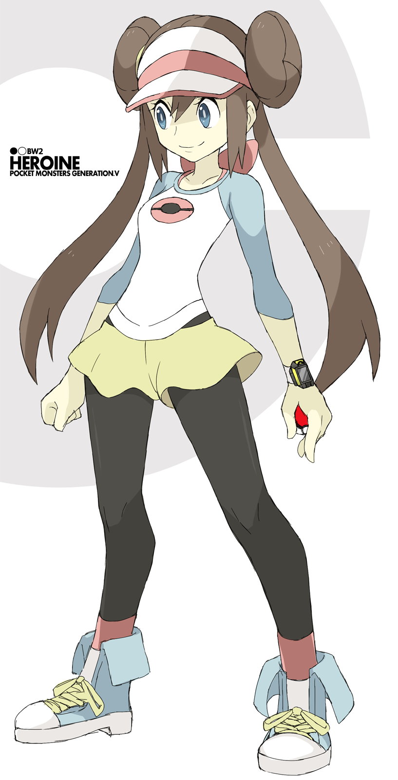 black_legwear, blue_eyes, brown_hair, double_bun, female_protagonist_(pokemon_bw2), hair_bun, highres, holding, holding_poke_ball, legs, legwear_under_shorts, light_smile, long_hair, mei_(pokemon), official_style, pantyhose, poke_ball, pokemon, pokemon_(game), pokemon_bw2, raglan_sleeves, shoes, shorts, simple_background, solo, souji, standing, title_drop, twintails, two-tone_background, two_tone_background, visor_cap, watch, wristwatch