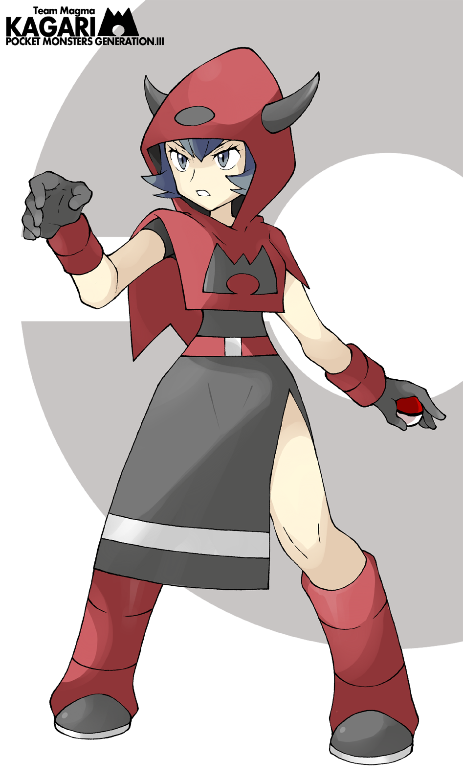 blue_eyes, blue_hair, boots, character_name, curly_hair, gloves, highres, holding