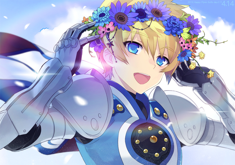 blonde_hair, blue_eyes, flynn_scifo, gauntlets, male, motoko_(ambiy), open_mouth, short_hair, tales_of_(series), tales_of_vesperia, wreath
