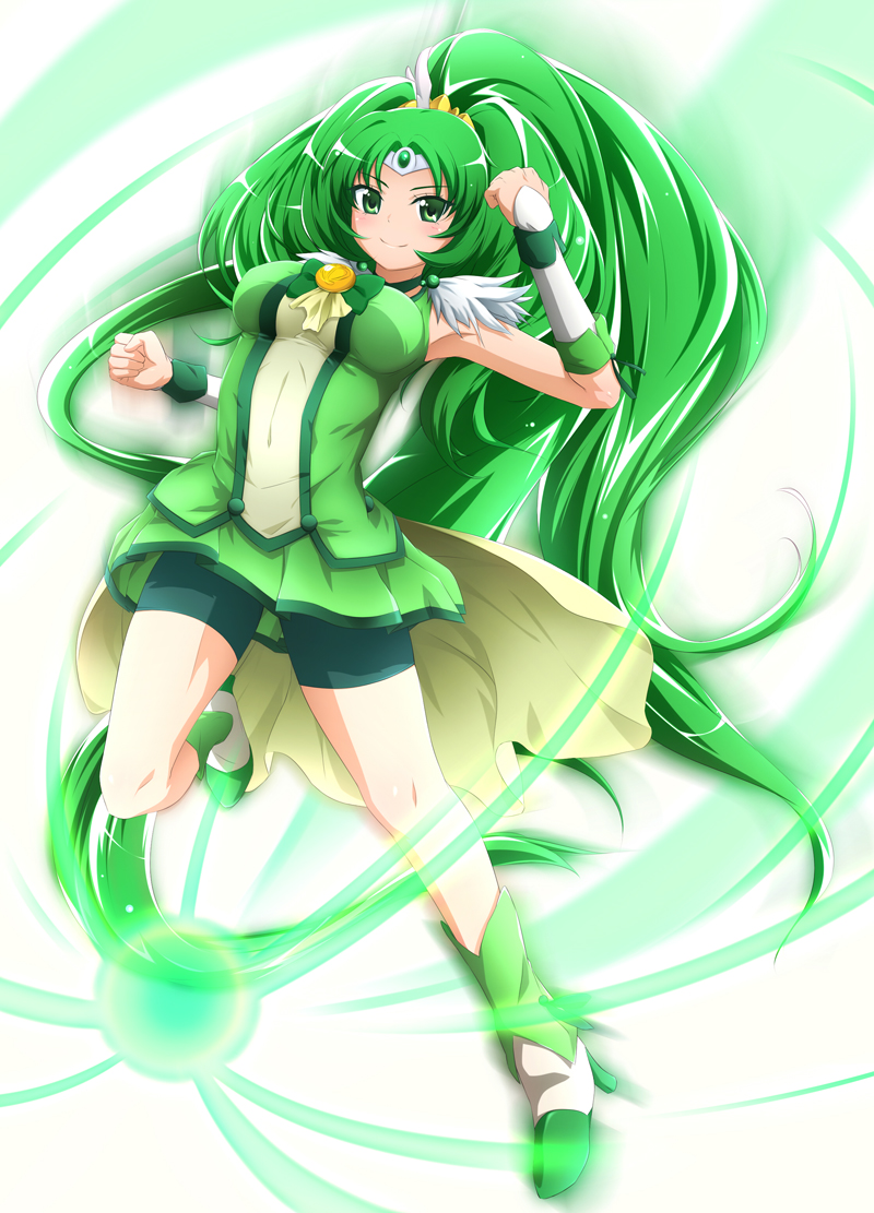 boots, breasts, choker, cure_march, green, green_eyes, green_hair, kokutou