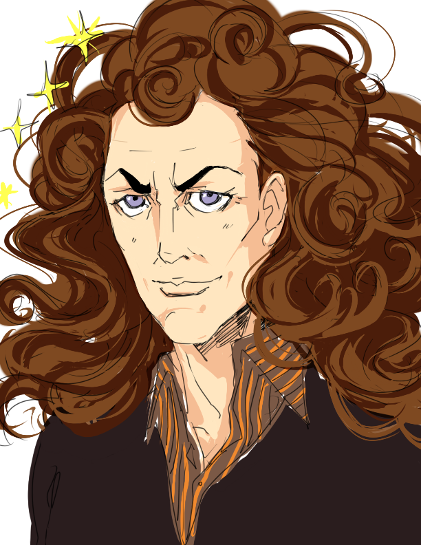 1boy, alternate_hairstyle, barnaby_brooks_sr, beardorado, big_hair, brown_hair, curly_hair, parody