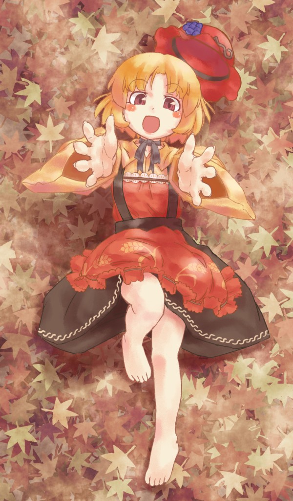 aki_minoriko, apron, barefoot, blonde_hair, dress, food, fruit, grapes