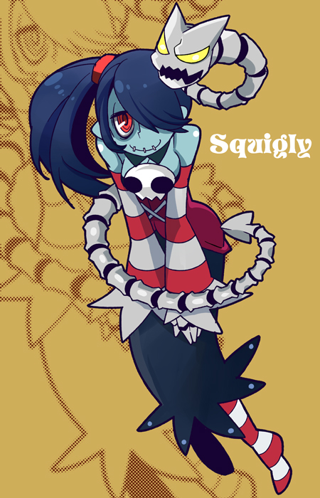 bare_shoulders, blue_hair, blue_skin, bone, breasts, brown_background, character_name, corset