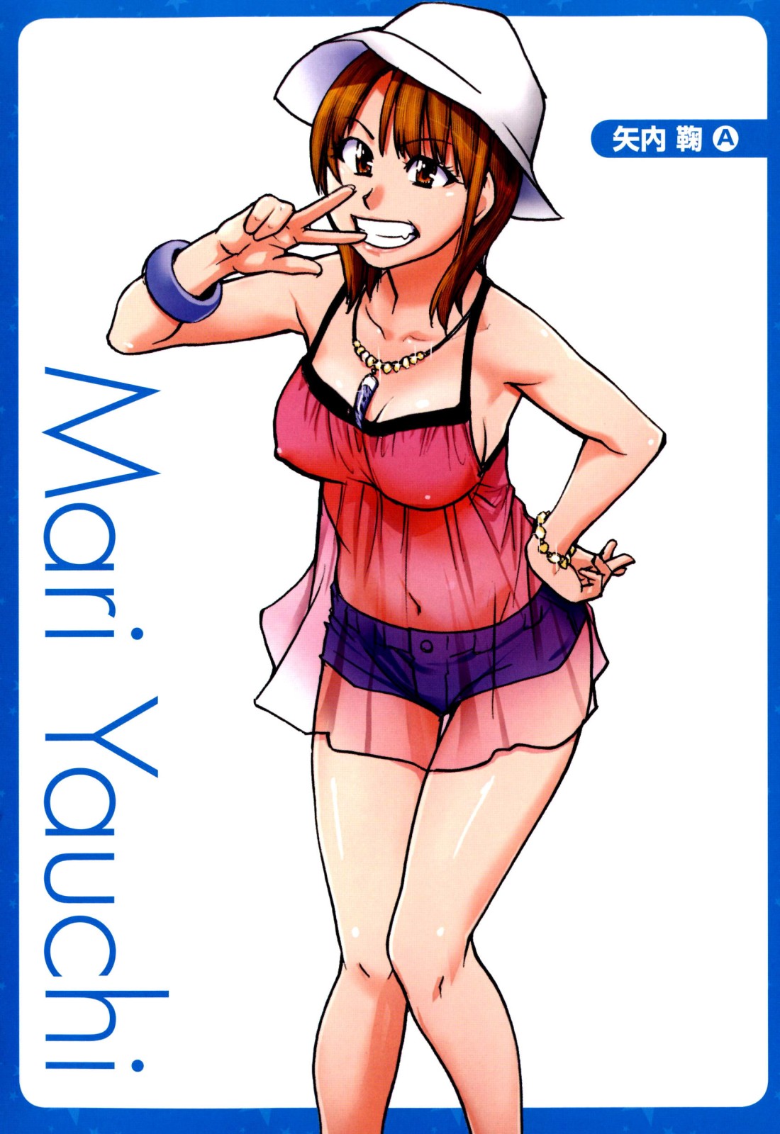 breasts, brown_hair, camisole, character_name, collar, denim, denim_shorts, hat