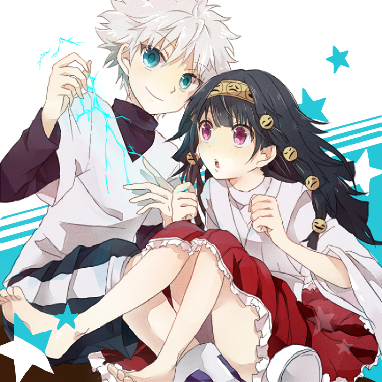 alluka_zoldyck, bad_id, barefoot, black_hair, blue_eyes, brothers, electricity, hair_ornament