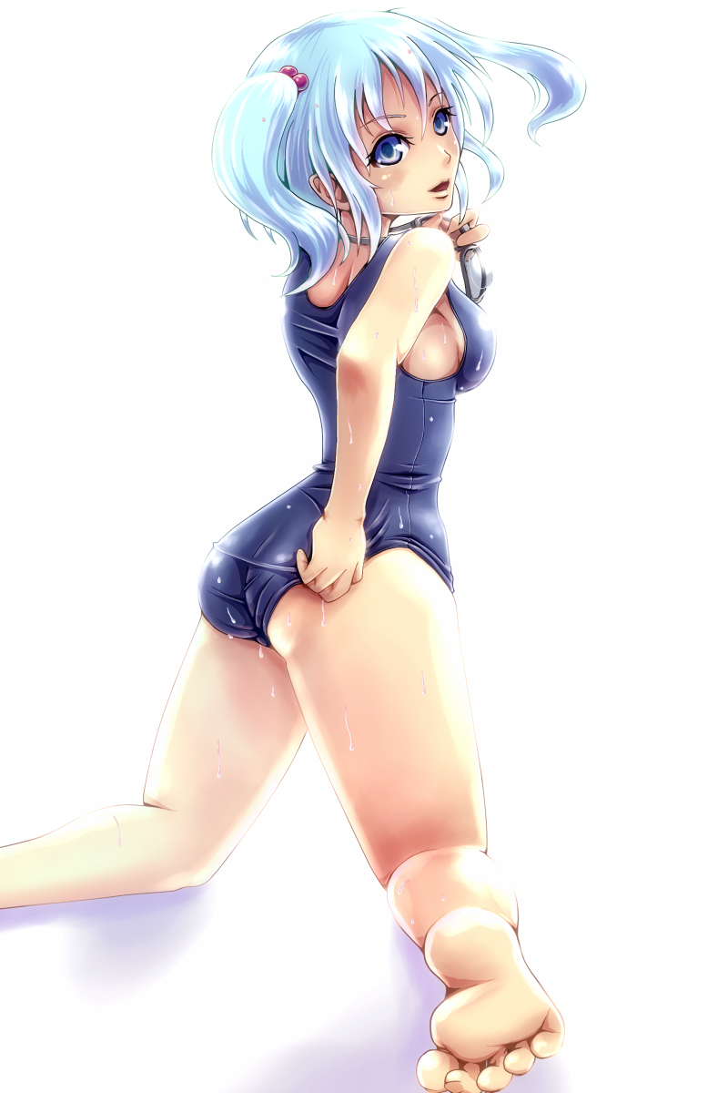 adjusting_swimsuit, ass, back, barefoot, blue_eyes, blue_hair, breasts, goggles