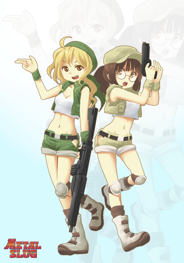 blonde_hair, brown_eyes, brown_hair, fio_germi, glasses, gun, handgun, hat, jacket, kasamoto_eri, metal_slug, midriff, military, ponytail, purdoy25, shorts, snk, weapon
