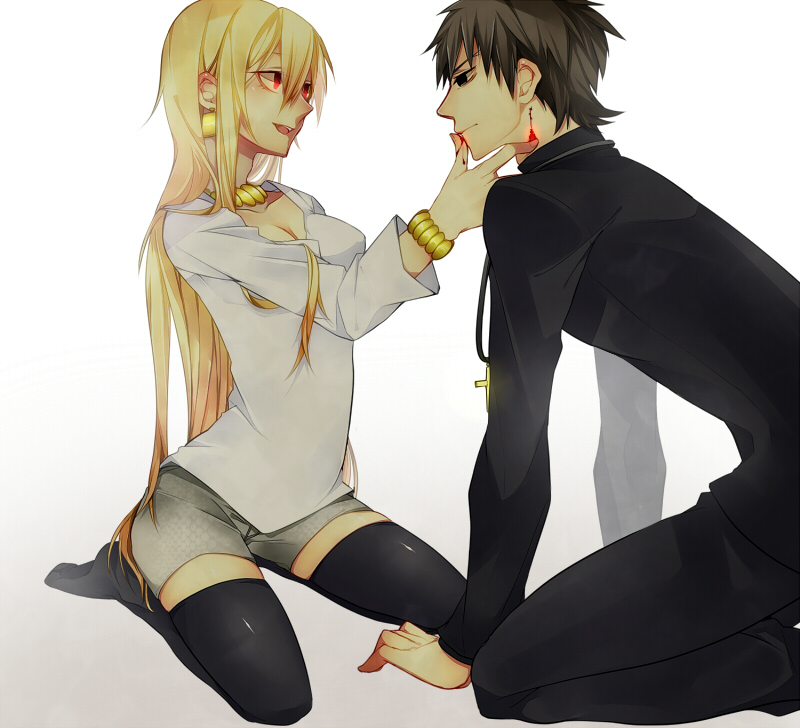1girl, black_legwear, blonde_hair, blood, bracelet, brown_eyes, brown_hair, earrings