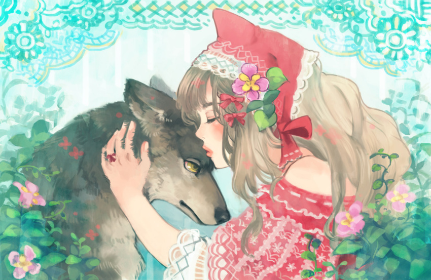 animal, brown_hair, closed_eyes, eyes_closed, flower, fox, highres, jewelry