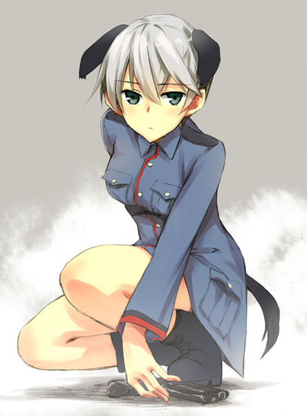 animal_ears, boots, dog_ears, green_eyes, gun, laura_toth, looking_at_viewer, no_pants