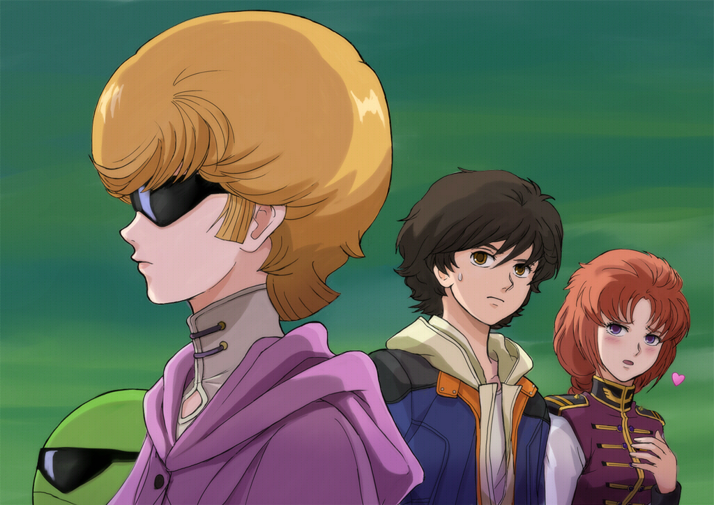 2girls, audrey_burne, banagher_links, brown_eyes, brown_hair, gacha-m, gundam, gundam_unicorn