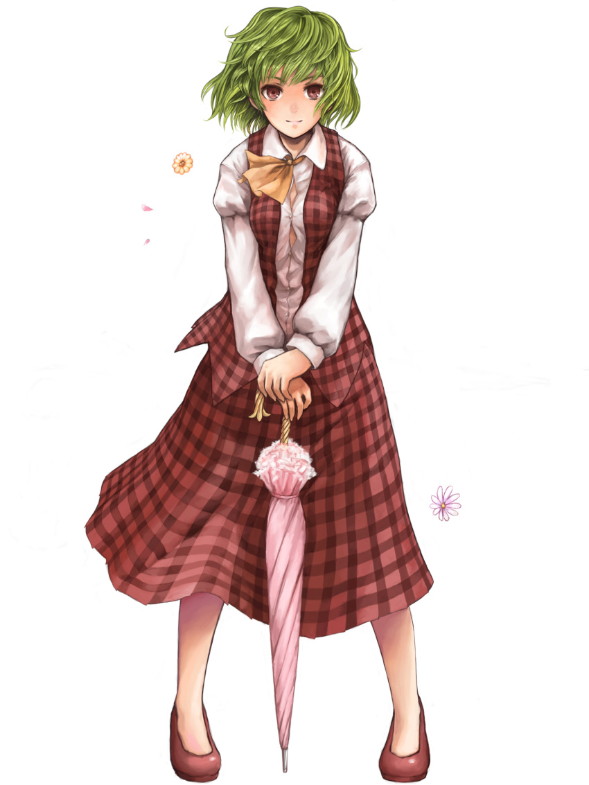brown_eyes, buttons, closed_umbrella, collar, flower, green_hair, hachi_shoku, hands_on_hilt