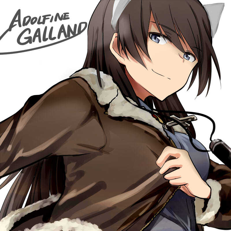adolfine_galland, animal_ears, black_hair, blue_eyes, bust, character_name, jacket, long_hair