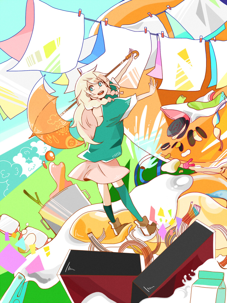 blue_eyes, bon_(makoto0820), egg, ia_(vocaloid), long_hair, looking_back, makoto0820, nihonbashi_koukashita_r_keikaku_(vocaloid), open_mouth, pink_hair, skirt, smile, solo, umbrella, vocaloid