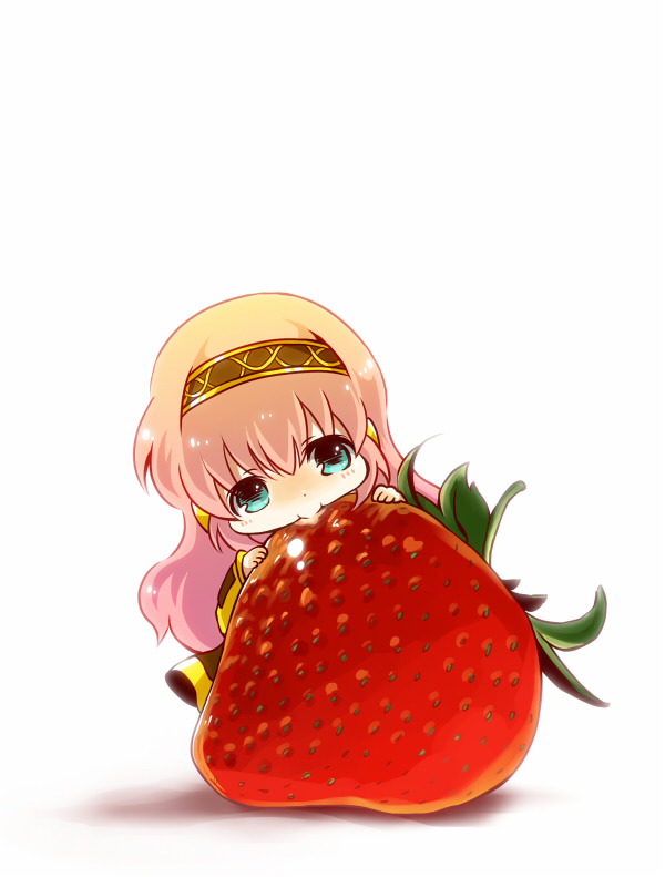 :>, blue_eyes, chibi, food, fruit, long_hair, megurine_luka, minigirl