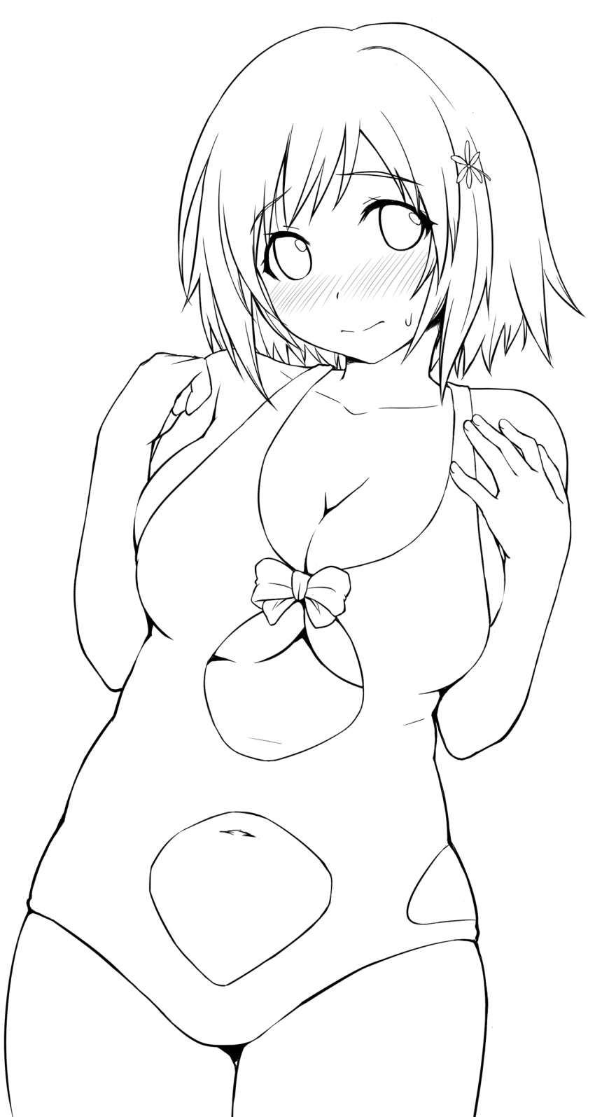 blush, breasts, casual_one-piece_swimsuit, cleavage, collarbone, flower, hair_flower, hair_ornament