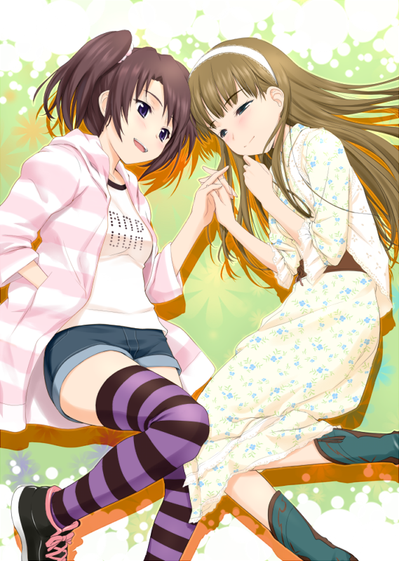 :d, black_hair, boots, brown_hair, denim, denim_shorts, dress, floral_print, hair_ornament, hairband, hand_holding, holding_hands, hoodie, idolmaster, migiko, multiple_girls, nakako, open_hoodie, open_mouth, print_dress, purple_legwear, shoes, shorts, side_ponytail, smile, sneakers, squinting, striped, striped_legwear, thigh-highs, thighhighs, zanzi, zettai_ryouiki