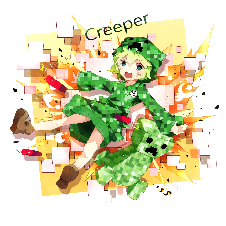 blue_eyes, boots, character_name, creeper, dynamite, explosion, green_hair, hoodie