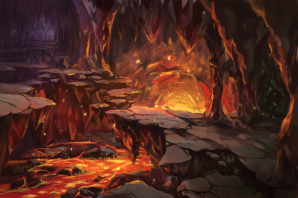 building, c.z., cave, land_bridge, mansion, molten_rock, no_humans, scenery, stalactite, subterranean_animism, touhou, underground