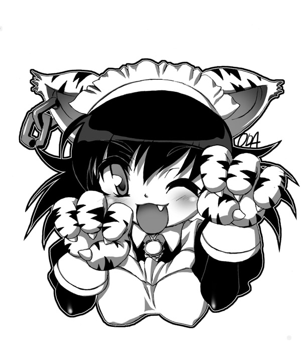 animal_ears, bad_id, breasts, fang, looking_at_viewer, maid, monochrome, oda_(orz)