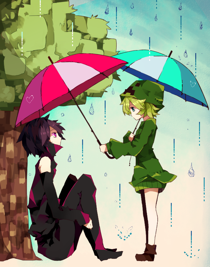 bare_shoulders, blue_eyes, boots, creeparka, creeper, enderman, green_hair, hoodie