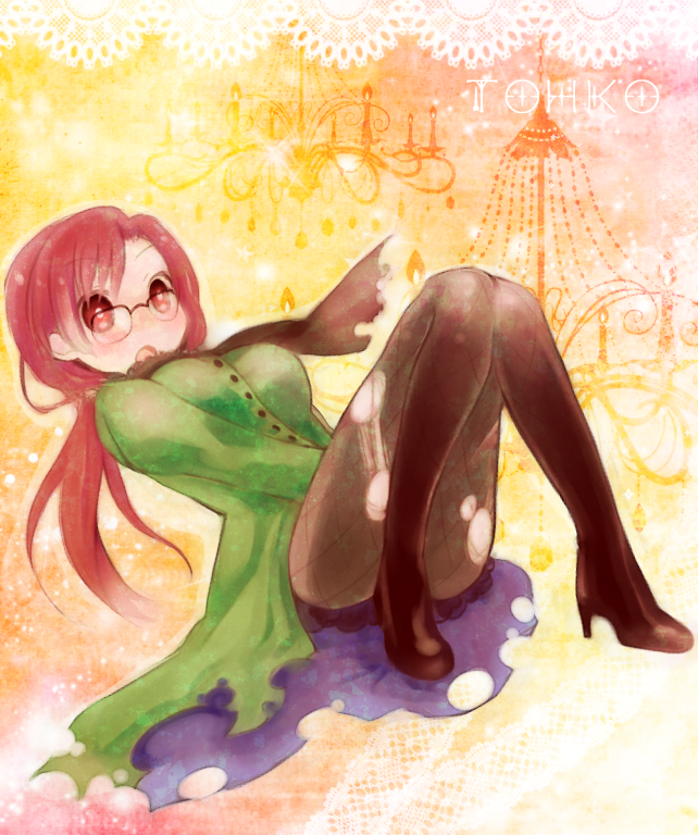 aozaki_touko, glasses, high_heels, kamehima, long_coat, long_hair, mahou_tsukai_no_yoru, pantyhose, ponytail, red_eyes, red_hair, redhead, shoes, solo, torn_pantyhose