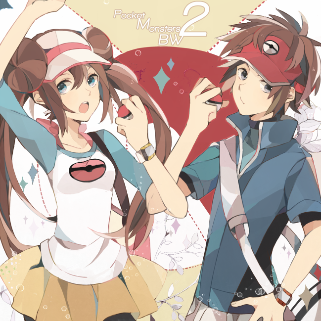 1boy, 1girl, blue_eyes, brown_eyes, brown_hair, double_bun, kashi_(number), kyouhei_(pokemon)