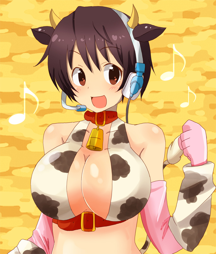 animal_ears, bare_shoulders, bell, bell_collar, belt, black_hair, breasts, brown_eyes, cleavage, clenched_hand, collar, cow_bell, cow_ears, cow_horns, cow_print, cow_tail, elbow_gloves, fake_animal_ears, gloves, headset, horns, huge_breasts, idolmaster, idolmaster_cinderella_girls, large_breasts, musical_note, oikawa_shizuku, open_mouth, short_hair, smile, solo, sr_soba, tail