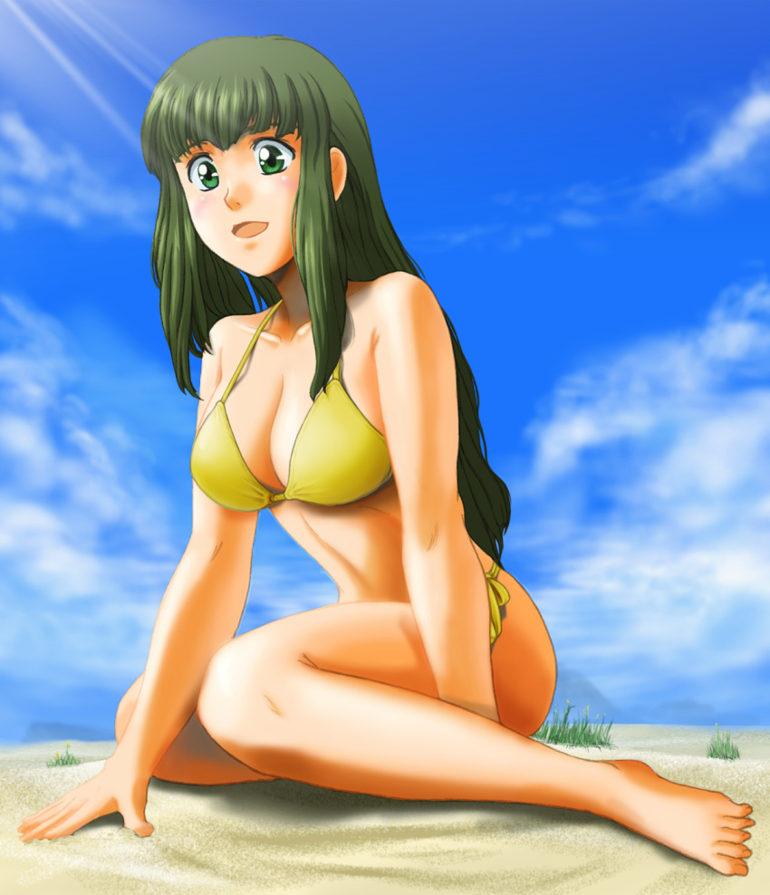 barefoot, beach, bikini, black_hair, blue_eyes, breasts, cloud, clouds, green_hair, highres, kurotama_saki, large_breasts, long_hair, original, sand, side-tie_bikini, sky, solo, sunbeam, sunlight, swimsuit