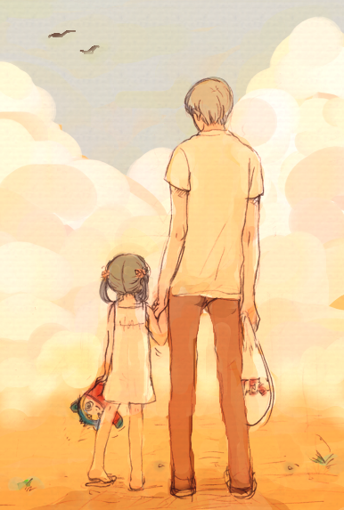 1girl, age_difference, bird, black_hair, character_doll, doujima_nanako, dress, from_behind