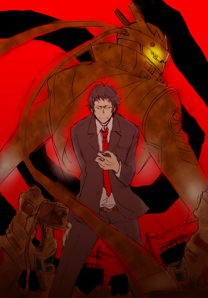 belt, black_hair, formal, kuu-0226, looking_at_viewer, magatsu_izanagi, messy_hair, necktie