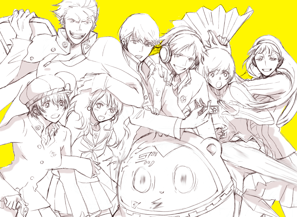 4girls, amagi_yukiko, androgynous, attack, bangs, bare_legs, bear, breasts, bullet, cabbie_hat, card, cardigan, crossdressinging, earrings, everyone, fan, fighting_stance, folding_chair, grin, gun, hair_between_eyes, hairband, hanamura_yousuke, hat, headphones, jacket, jacket_on_shoulders, jewelry, kicking, kujikawa_rise, kuma_(persona_4), kuu-0226, legs, long_hair, long_sleeves, looking_away, looking_down, monochrome, multiple_boys, multiple_girls, narukami_yuu, narukmami_yuu, necklace, open_mouth, persona, persona_4, piercing, pistol, satonaka_chie, scar, school_uniform, serafuku, shirogane_naoto, short_hair, simple_background, skirt, smile, sweater, tatsumi_kanji, tomboy, track_jacket, twintails, weapon, widow's_peak, yellow_background, zipper