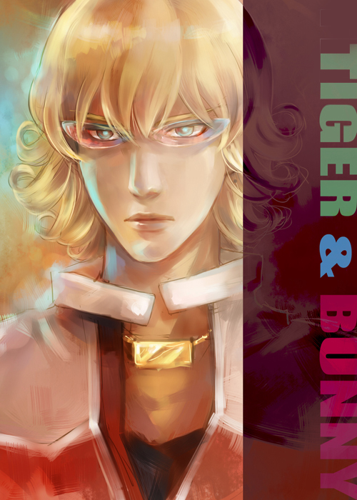 barnaby_brooks_jr, blonde_hair, glasses, green_eyes, jacket, jewelry, male, miyasaki1130, necklace, red_jacket, solo, tiger_&amp;_bunny, title_drop