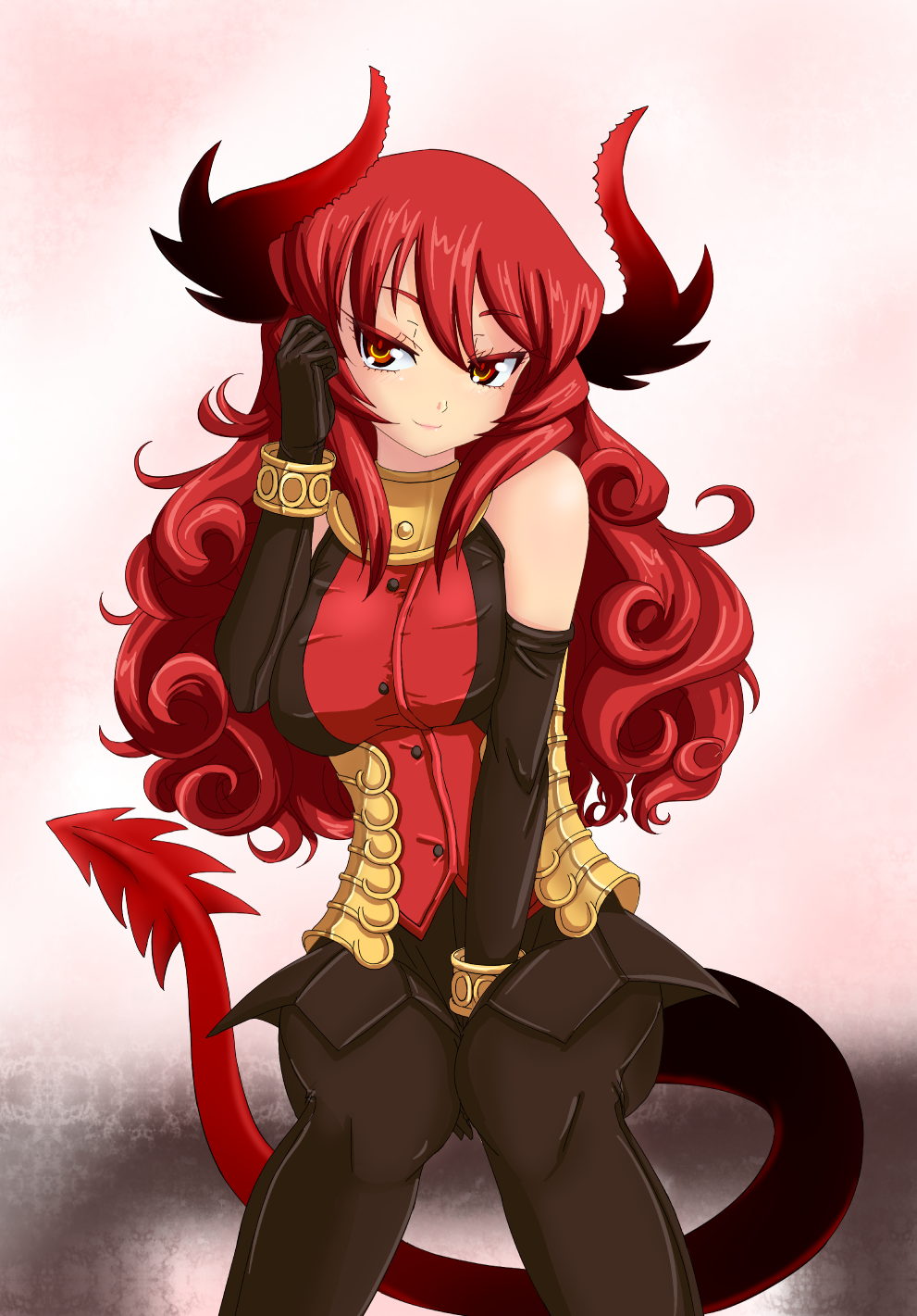 adjusting_hair, between_thighs, black_gloves, bracelet, choker, curly_hair, demon_girl, elbow_gloves