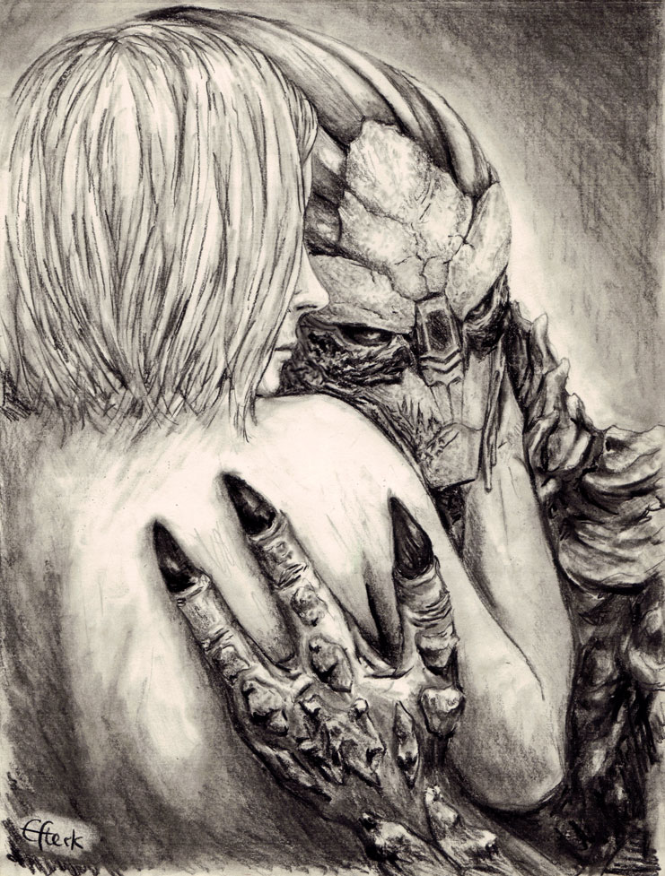 claws, commander_shepard, commander_shepard_(female), couple, efleck, garrus_vakarian, mass_effect, monochrome, pencil, traditional_media, xenophile
