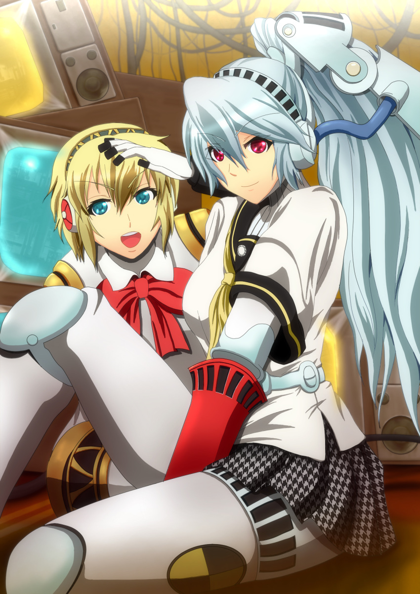aegis, android, aqua_hair, blonde_hair, blue_eyes, bow, highres, houndstooth, labrys, long_hair, multiple_girls, muutsu_(maxwell0916), open_mouth, persona, persona_3, persona_4:_the_ultimate_in_mayonaka_arena, ponytail, red_eyes, robot_joints, school_uniform, short_hair, sitting, skirt, smile, television